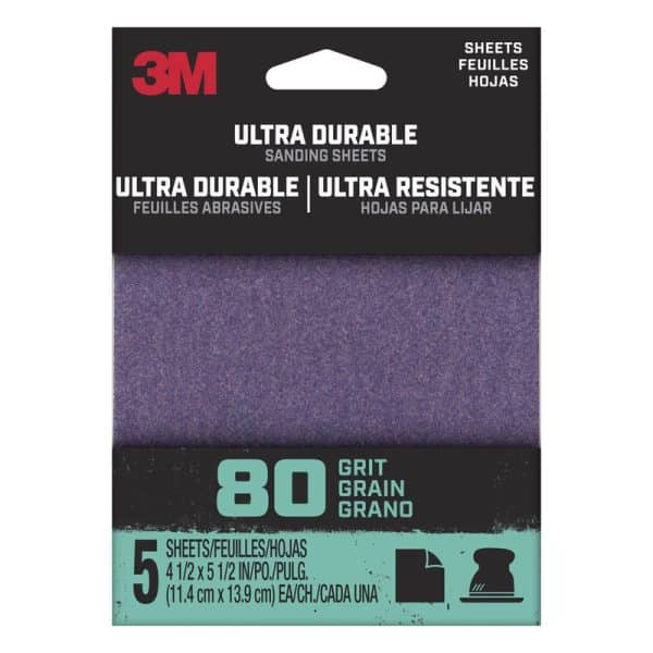 3M Ultra Durable 5.5 in. L X 4.5 in. W 80 Grit Aluminum Oxide 1/4 Sheet Sandpaper 5 pk