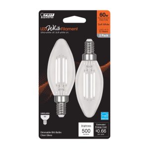 Feit Electric BA10 E12 (Candelabra) Filament LED Bulb Soft White 60 Watt Equivalence 2 pk