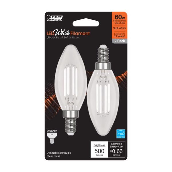 Feit Electric BA10 E12 (Candelabra) Filament LED Bulb Soft White 60 Watt Equivalence 2 pk