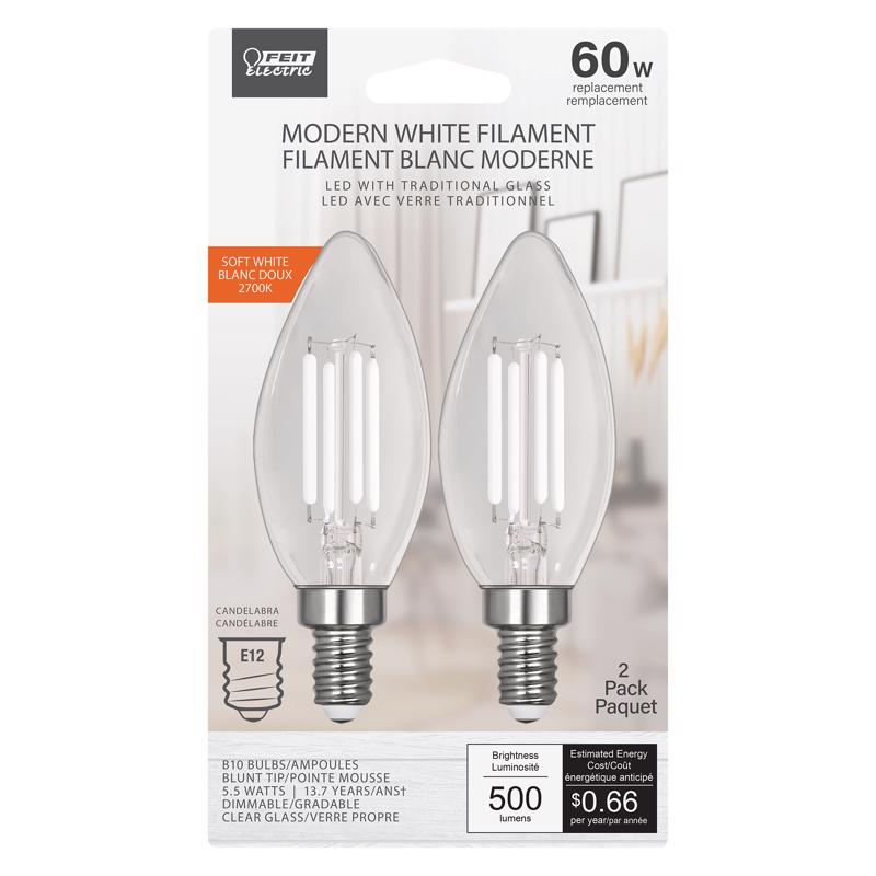 Feit Electric Ba10 E12 Candelabra Filament Led Bulb Soft White 60 Watt Equivalence 2 Pk 3269