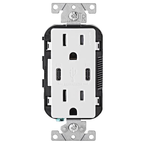 Leviton Decora 15 amps 125 V Duplex and Type C White Outlet and USB Charger 5-15 R 1 pk