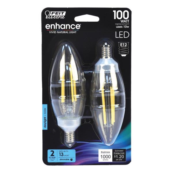 Feit Electric Blunt Tip E12 (Candelabra) Filament LED Bulb Daylight 100 Watt Equivalence 2 pk