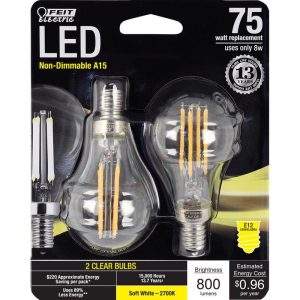 Feit Electric A15 E12 (Candelabra) Filament LED Bulb Soft White 75 Watt Equivalence 2 pk