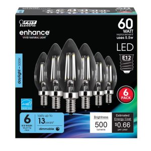 Feit Electric B10 E12 (Candelabra) LED Bulb Daylight 60 Watt Equivalence 6 pk