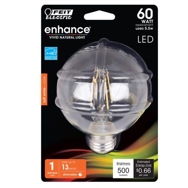 Feit Electric Enhance G25 E26 (Medium) Filament LED Bulb Soft White 60 Watt Equivalence 1 pk