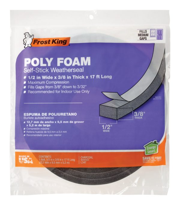 Frost King Charcoal Poly Foam Weather Stripping Tape For Doors and Windows 17 ft. L X 3/8 in.