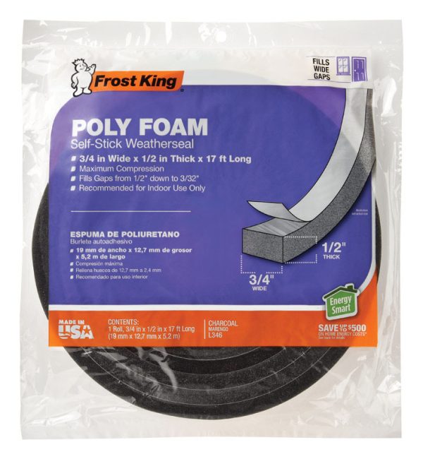 Frost King Charcoal Poly Foam Weather Stripping Tape For Doors and Windows 17 ft. L X .5 in.