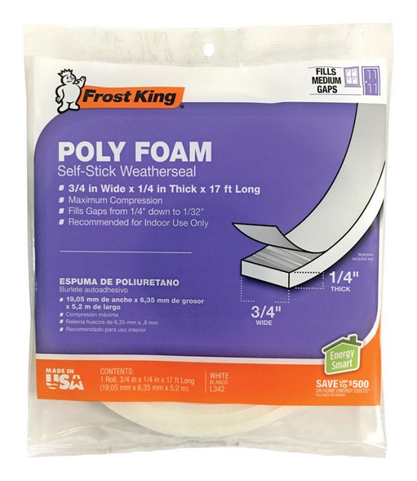 Frost King White Poly Foam Weather Stripping Tape For Doors and Windows 17 ft. L X 1/4 in.