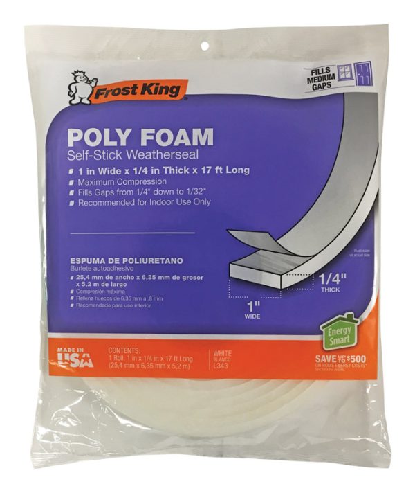 Frost King White Poly Foam Weather Stripping Tape For Doors and Windows 17 ft. L X 1/4 in.