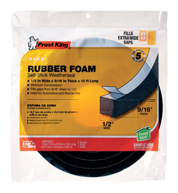 Frost King Black Rubber Foam Weather Stripping Tape For Auto and Marine 10 ft. L X 9/16 in.