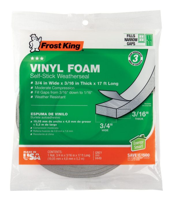 Frost King Gray Vinyl Clad Foam Waterproof Weatherseal For Doors and Windows 17 ft. L X 3/16 in.