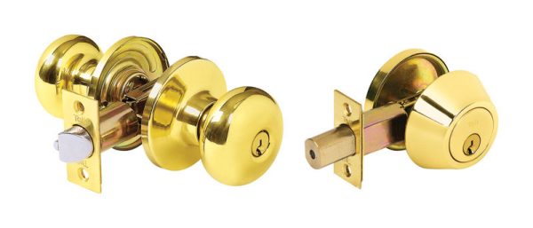 Tell Parkland Bright Brass Knob and Single Cylinder Deadbolt 1-3/4 in.