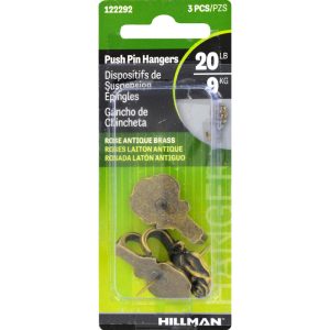 Hillman AnchorWire Antique Brass Push Pin Picture Hook 20 lb 3 pk