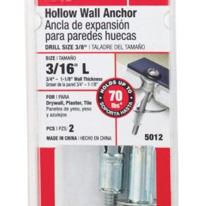 Hillman 3/16 in. D X 2 3/4 in. L Metal Round Head Hollow Wall Anchors 2 pk