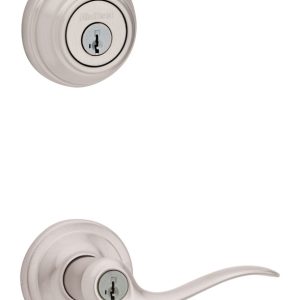 Kwikset SmartKey Tustin Satin Nickel Entry Lever and Deadbolt Set KW1 1-3/4 in.