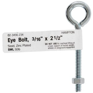 Hampton 3/16 in. X 2-1/2 in. L Zinc-Plated Steel Eyebolt Nut Included