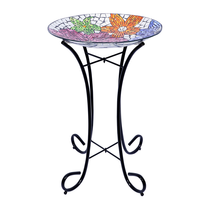 Alpine Multicolored Glass/Metal 23 in. Floral Bird Bath with Stand ...