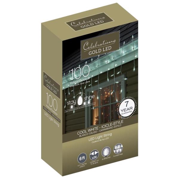 Celebrations Gold LED Mini Cool White 100 ct Icicle Christmas Lights 5.67 ft.