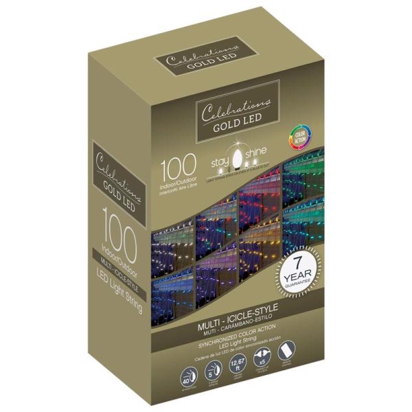 Celebrations Gold LED Mini Multicolored 100 ct Icicle Christmas Lights 12.67 ft.
