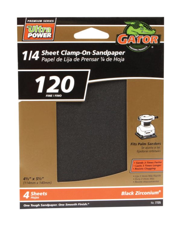 Gator PowerPlus 5-1/2 in. L X 4-1/2 in. W 120 Grit Zirconium Oxide 1/4 Sheet Sandpaper 4 pk