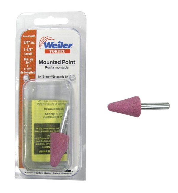 Weiler Vortec 3/4 in. D X 0.25 in. L Aluminum Oxide Stem Mounted Point Cone 30000 rpm 1 pc