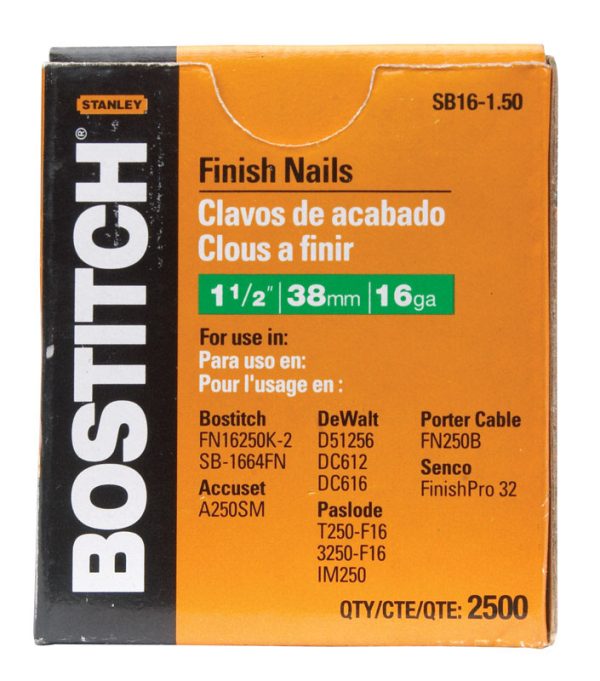 Bostitch 1-1/2 in. 16 Ga. Straight Strip Coated Finish Nails 2500 pk