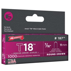 Arrow T18 3/16 in. W X 7/16 in. L 18 Ga. Round Crown Wire Staples 1000 pk