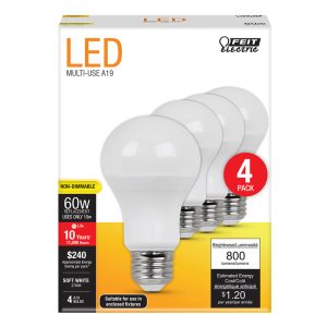 Feit Electric A19 E26 (Medium) LED Bulb Soft White 60 Watt Equivalence 4 pk