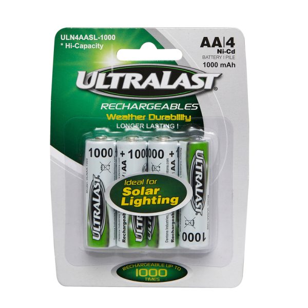 Ultralast Ni-Cad AA 1.2 V 1000 Ah Solar Rechargeable Battery ULN4AASL-1000 4 pk
