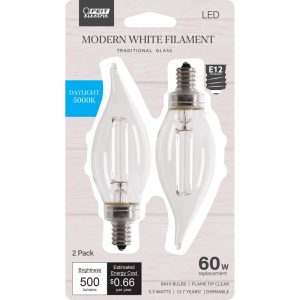 Feit Electric BA10 E12 (Candelabra) Filament LED Bulb Daylight 60 Watt Equivalence 2 pk