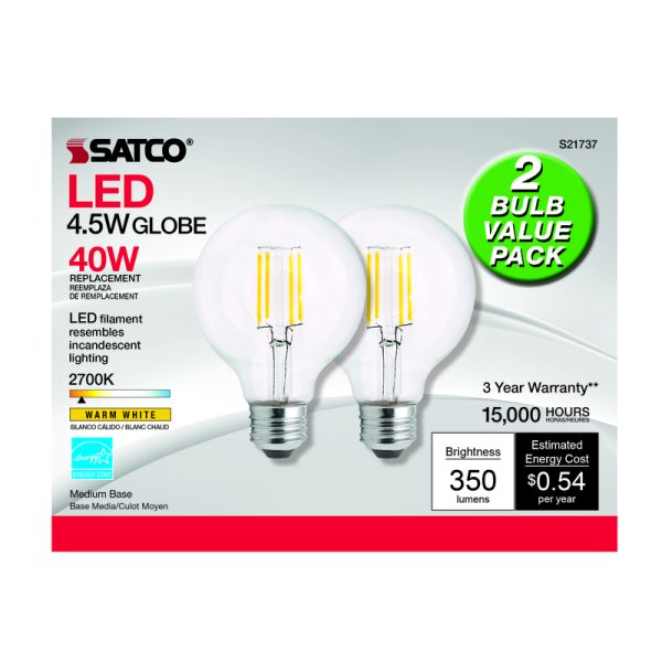Satco . G25 E26 (Medium) LED Bulb Warm White 40 Watt Equivalence 2 pk