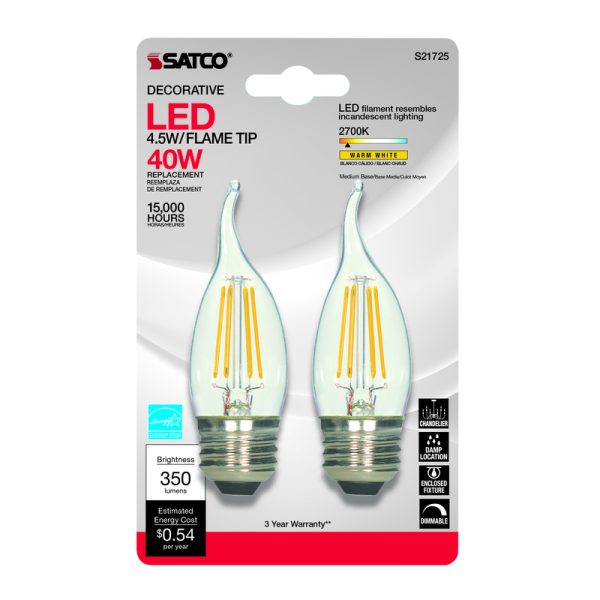 Satco . CA10 E26 (Medium) LED Bulb Warm White 40 Watt Equivalence 2 pk