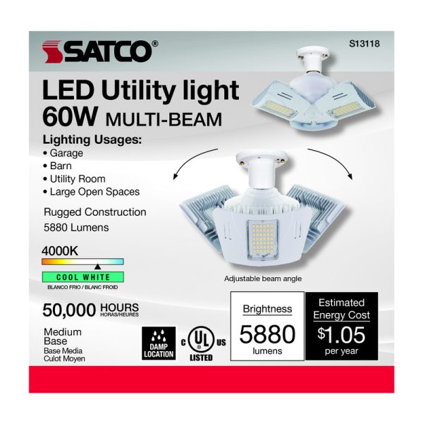 Satco . Wide Surface E26 (Medium) LED Utility Light Cool White 300 Watt Equivalence 1 pk