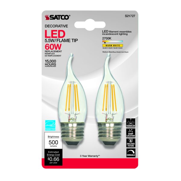 Satco . CA10 E26 (Medium) LED Bulb Warm White 60 Watt Equivalence 2 pk
