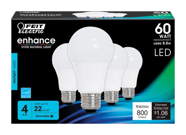 Feit Electric A19 E26 (Medium) LED Bulb Daylight 60 Watt Equivalence 4 pk