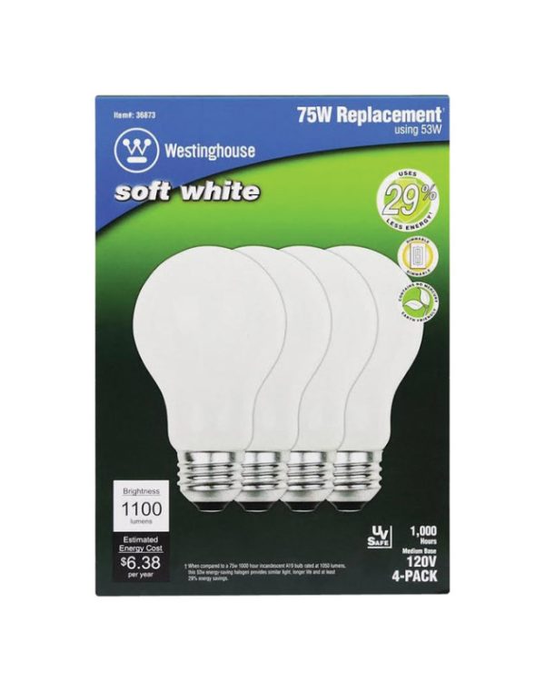 Westinghouse 53 W A19 A-Line Halogen Bulb 1,100 lm Soft White 4 pk