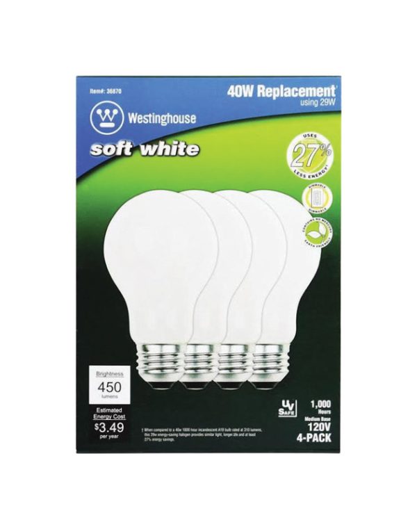Westinghouse Eco 29 W A19 A-Line Halogen Light Bulb 450 lm Soft White 4 pk