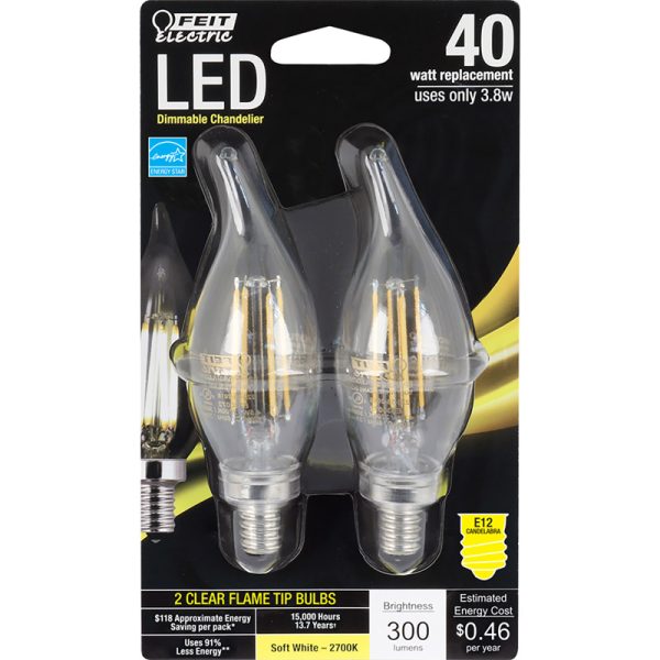Feit Electric C10 E12 (Candelabra) LED Bulb Soft White 40 Watt Equivalence 2 pk