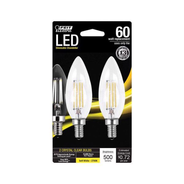 Feit Electric B10 E12 (Candelabra) LED Bulb Soft White 60 Watt Equivalence 2 pk