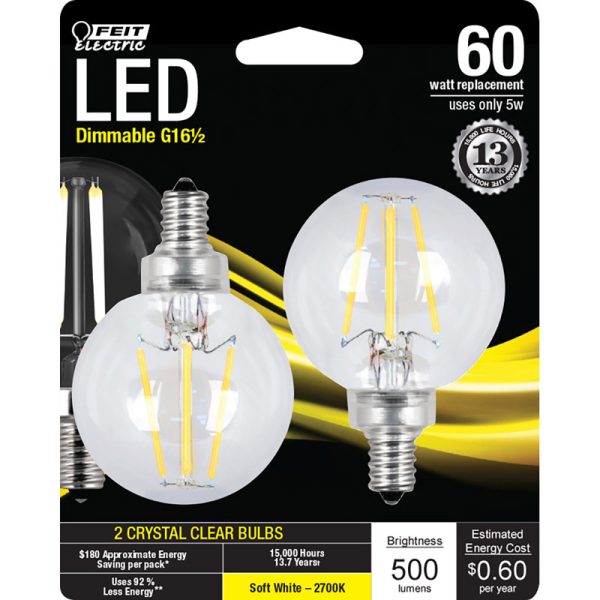 Feit Electric G16.5 E12 (Candelabra) LED Bulb Soft White 60 Watt Equivalence 2 pk