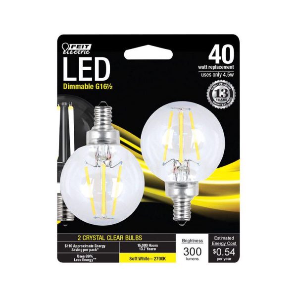 Feit Electric G16.5 E12 (Candelabra) LED Bulb Soft White 40 Watt Equivalence 2 pk