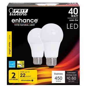 Feit Electric Enhance A19 E26 (Medium) LED Bulb Bright White 40 Watt Equivalence 2 pk