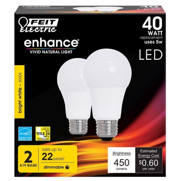 Feit Electric Enhance A19 E26 (Medium) LED Bulb Bright White 40 Watt Equivalence 2 pk