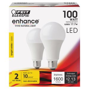 Feit Electric Enhance A21 E26 (Medium) LED Bulb Bright White 100 Watt Equivalence 2 pk
