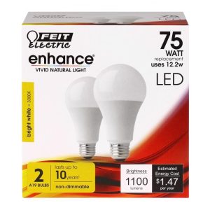 Feit Electric Enhance A19 E26 (Medium) LED Bulb Bright White 75 Watt Equivalence 2 pk