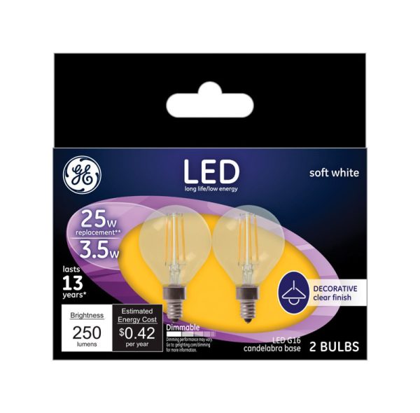 GE G16 E12 (Candelabra) LED Bulb Soft White 25 Watt Equivalence 2 pk