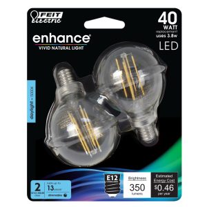 Feit Electric Enhance G16.5 E12 (Candelabra) Filament LED Bulb Daylight 40 Watt Equivalence 2 pk