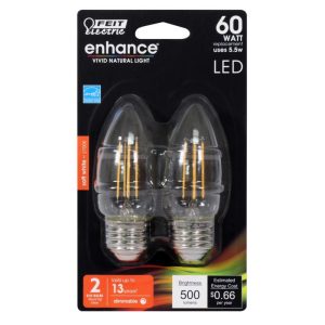 Feit Electric Enhance B10 E26 (Medium) Filament LED Bulb Soft White 60 Watt Equivalence 2 pk