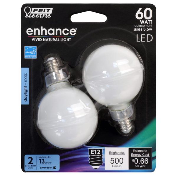 Feit Electric Enhance G16.5 E12 (Candelabra) Filament LED Bulb Daylight 60 Watt Equivalence 2 pk