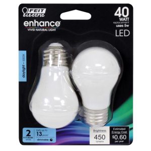Feit Electric Enhance A15 E26 (Medium) Filament LED Bulb Daylight 40 Watt Equivalence 2 pk